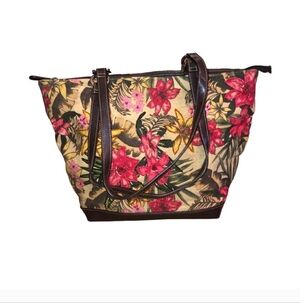 Tropical Floral Tote with Brown Trim